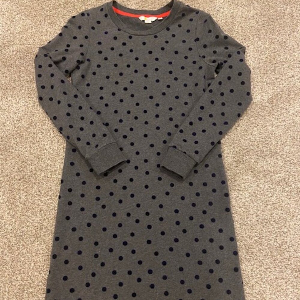 Boden Women's Grey Sweatshirt Dress w/Navy Velvet Polkadots Size 4